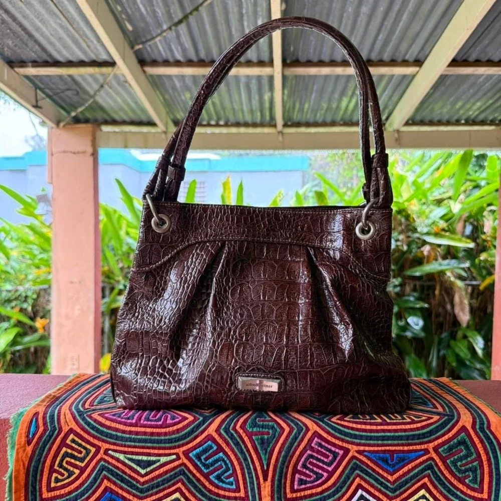 Alfred Dunner Brown Faux Croc Shoulder Bag Tote Purse Retro Old Money